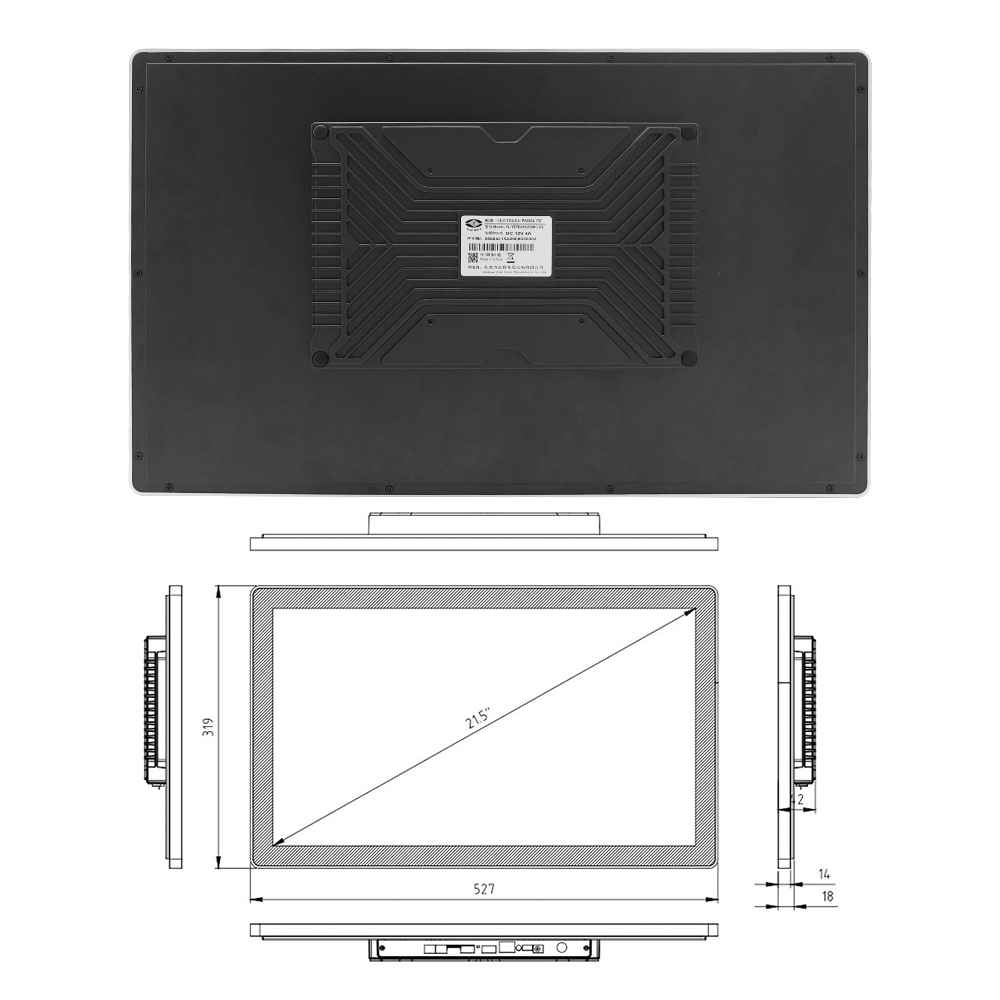 Schnittstellenansicht eines 21,5-Zoll Android Panel PCs mit USB, Ethernet und seriellen Anschlüssen