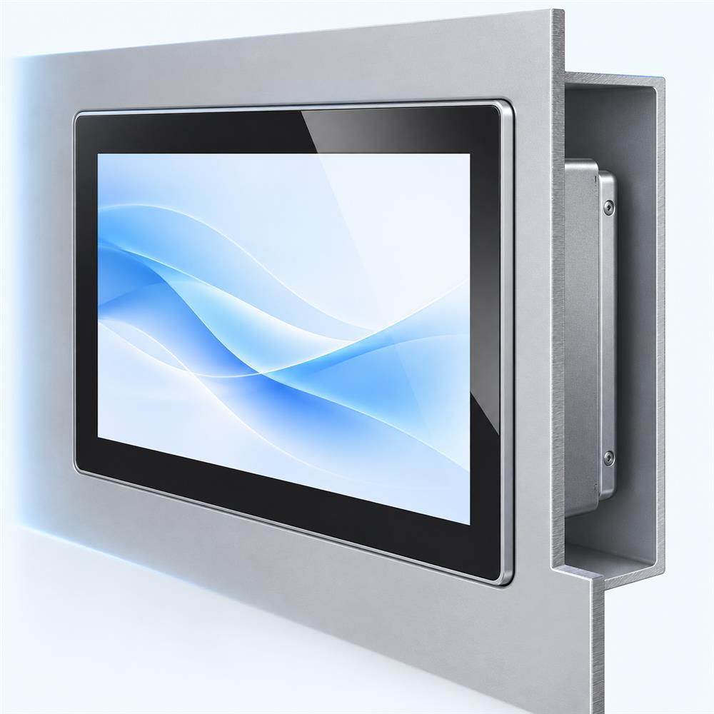 Einbaudarstellung eines 10,1-Zoll-Android-Panel-PCs in einer Metallfront