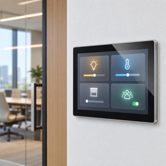 Anwendungsbeispiel eines 10,1-Zoll-Android-Touchpanels zur Raumsteuerung am Eingang eines Besprechungsraums