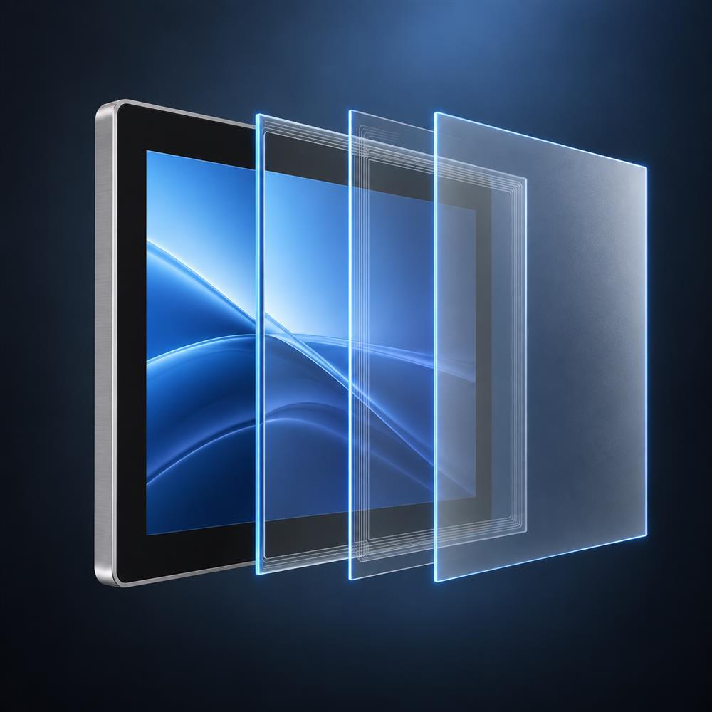 Explosionsansicht eines 10,1-Zoll-PCAP-Touchdisplays mit AG-Coverglas und LCD-Modul