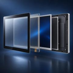 Schematische Explosionsansicht eines 10,1-Zoll-PCAP-Touchdisplays mit getrennten Touch- und Displayschichten