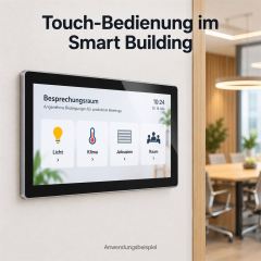 13,3-Zoll-Android-Touchpanel im Smart Building mit beispielhafter Bedienoberfläche für Licht, Klima und Jalousien