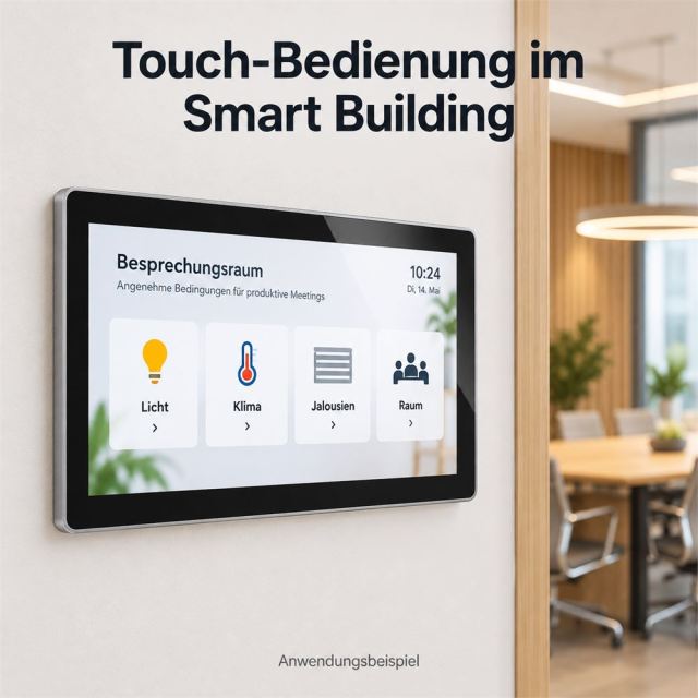 13,3-Zoll-Android-Touchpanel im Smart Building mit beispielhafter Bedienoberfläche für Licht, Klima und Jalousien