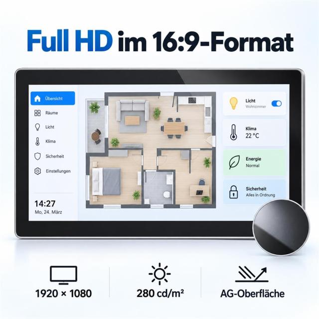 13,3-Zoll-Touchdisplay mit Grundrissanzeige, Full-HD-Auflösung, 280 cd/m² Helligkeit und AG-Oberfläche