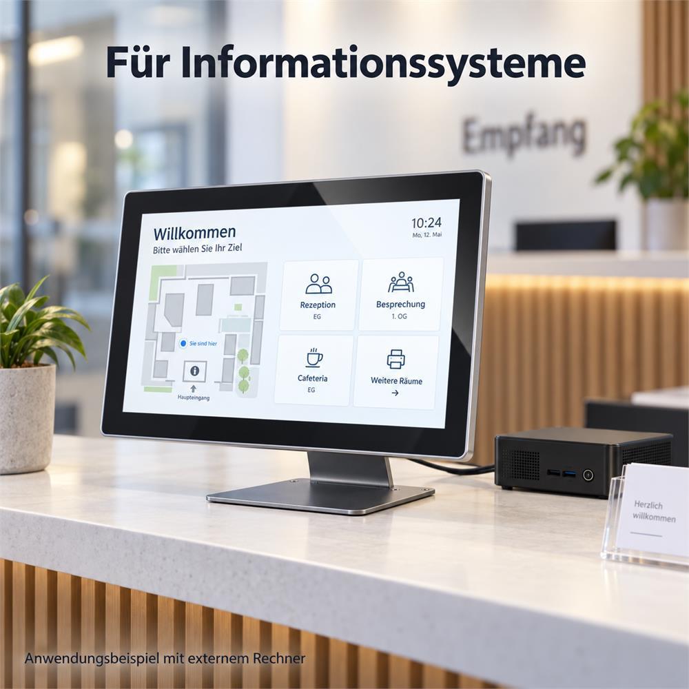 13,3-Zoll-Touchmonitor als Informationsdisplay auf einem Empfangstresen