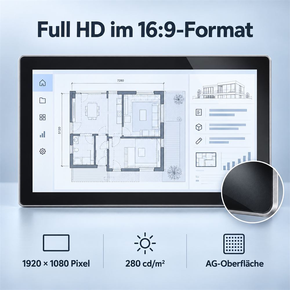 13,3-Zoll-Full-HD-Touchmonitor mit Grundrissanzeige, 280 cd/m² Helligkeit und AG-Oberfläche