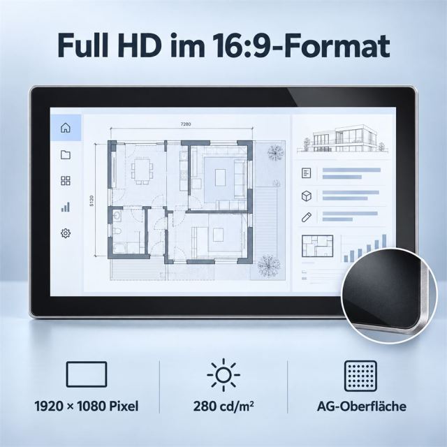 13,3-Zoll-Full-HD-Touchmonitor mit Grundrissanzeige, 280 cd/m² Helligkeit und AG-Oberfläche