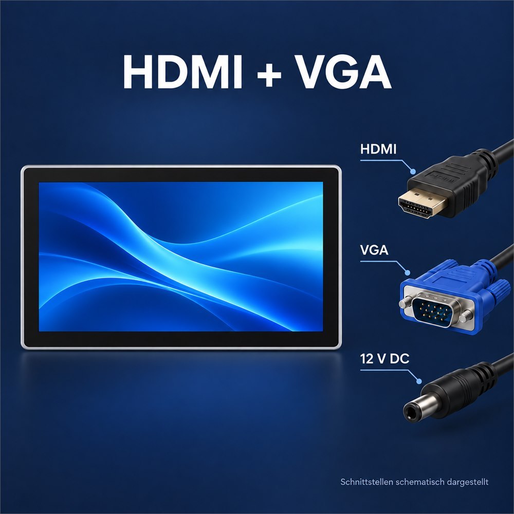 13,3-Zoll-Touchmonitor mit schematischer Darstellung der HDMI- und VGA-Videoanschlüsse sowie der 12-V-DC-Stromversorgung