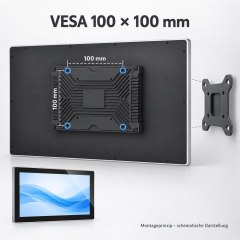 Rückseite des 13,3-Zoll-Touchmonitors mit VESA-100×100-mm-Aufnahme und separater Wandhalterung