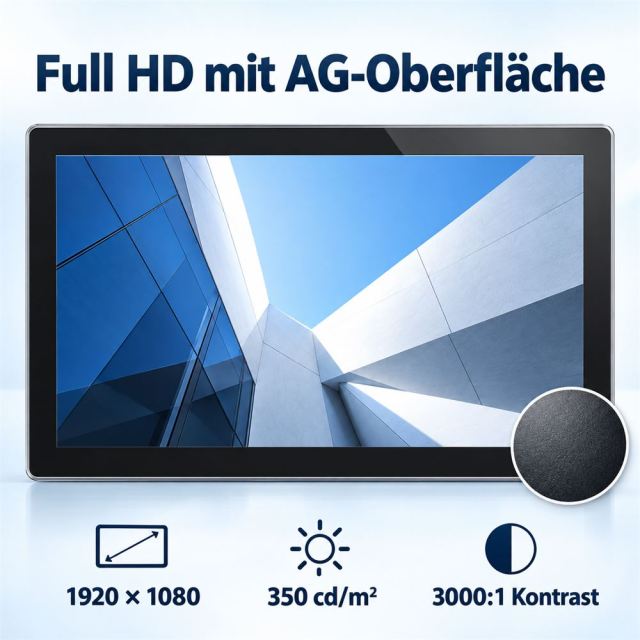 15,6-Zoll-Full-HD-Touchmonitor mit AG-Oberfläche, 350 cd/m² Helligkeit und einem Kontrastverhältnis von 3000:1