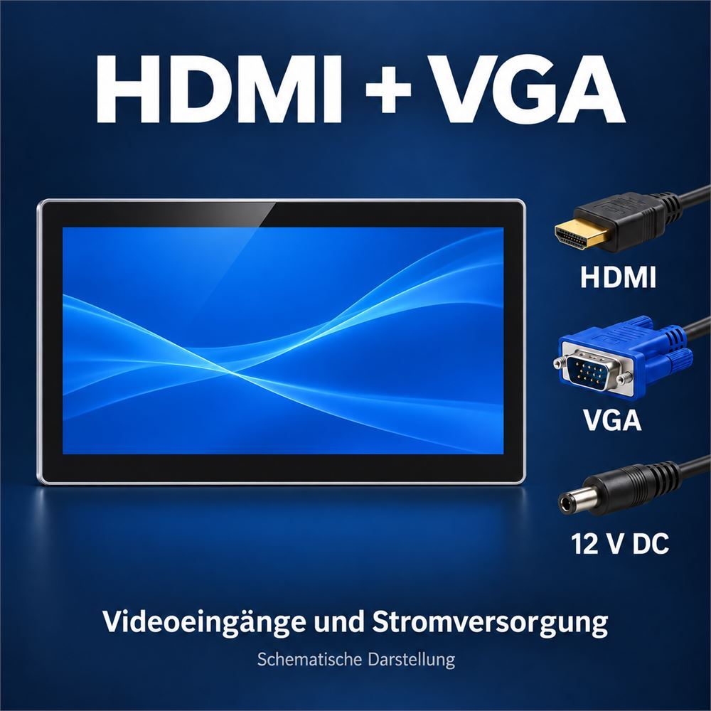 15,6-Zoll-Touchmonitor mit schematischer Darstellung der HDMI- und VGA-Videoanschlüsse sowie der 12-V-DC-Stromversorgung