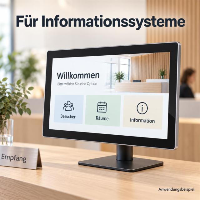 15,6-Zoll-Touchmonitor auf einem Empfangstresen mit beispielhafter Benutzeroberfläche für Besucherinformationen