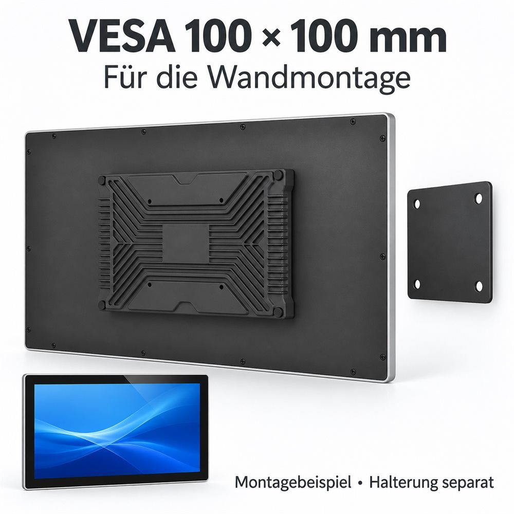Rückansicht des 15,6-Zoll-Touchmonitors mit VESA-100×100-mm-Aufnahme und separater Montageplatte