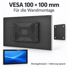 Rückansicht des 15,6-Zoll-Touchmonitors mit VESA-100×100-mm-Aufnahme und separater Montageplatte