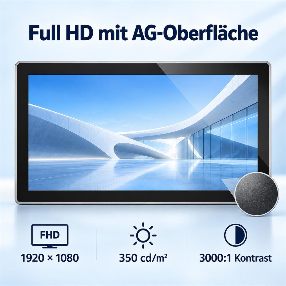 Full-HD-Touchdisplay mit AG-Oberfläche, 1920 × 1080 Pixeln, 350 cd/m² und 3000:1 Kontrast