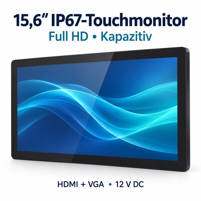 PB03 15,6-Zoll-IP67-Touchmonitor mit kapazitivem Touchscreen und Full-HD-Display in schräger Frontansicht