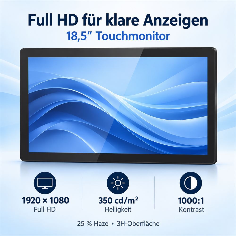 18,5-Zoll-Full-HD-Touchmonitor mit 350 cd/m² Helligkeit, 1000:1 Kontrast und 25-Prozent-Haze-Oberfläche
