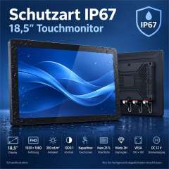 Schutzillustration des PB03 18,5-Zoll-IP67-Touchmonitors mit Wassertropfen und abgedichteten Anschlüssen