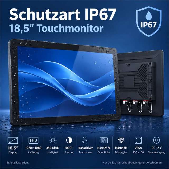 Schutzillustration des PB03 18,5-Zoll-IP67-Touchmonitors mit Wassertropfen und abgedichteten Anschlüssen
