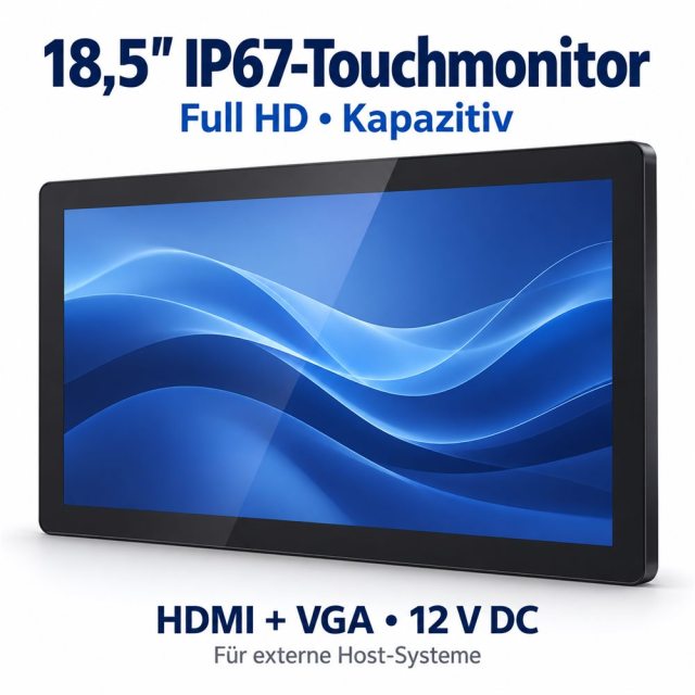 PB03 18,5-Zoll-IP67-Touchmonitor mit kapazitivem Full-HD-Display und HDMI-, VGA- sowie 12-V-DC-Anschluss