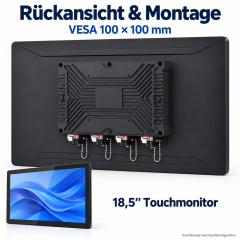 Rückansicht des PB03 18,5-Zoll-Touchmonitors mit geschützten Anschlüssen und VESA-Montage 100 × 100 mm