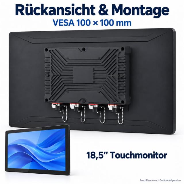 Rückansicht des PB03 18,5-Zoll-Touchmonitors mit geschützten Anschlüssen und VESA-Montage 100 × 100 mm