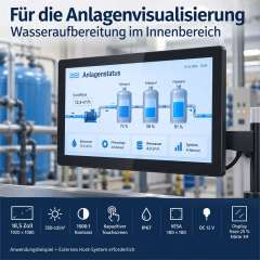 Anwendungsillustration des PB03 18,5-Zoll-IP67-Touchmonitors zur Anlagenvisualisierung in der Wasseraufbereitung