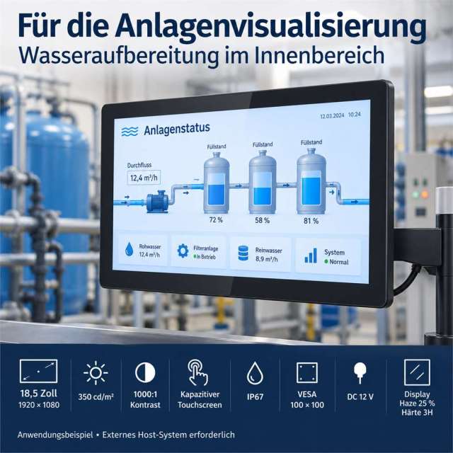 Anwendungsillustration des PB03 18,5-Zoll-IP67-Touchmonitors zur Anlagenvisualisierung in der Wasseraufbereitung