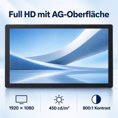 Full-HD-Display des PB03 Touchmonitors mit AG-Oberfläche, 450 cd/m² Helligkeit und 800:1 Kontrast