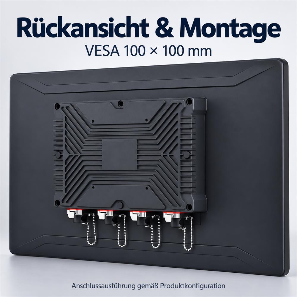 Rückansicht des PB03 Touchmonitors mit Anschlussabdeckungen und VESA-Montagepunkten im Raster 100 × 100 mm