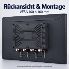 Rückansicht des PB03 Touchmonitors mit Anschlussabdeckungen und VESA-Montagepunkten im Raster 100 × 100 mm