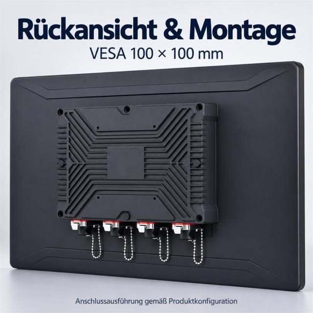 Rückansicht des PB03 Touchmonitors mit Anschlussabdeckungen und VESA-Montagepunkten im Raster 100 × 100 mm