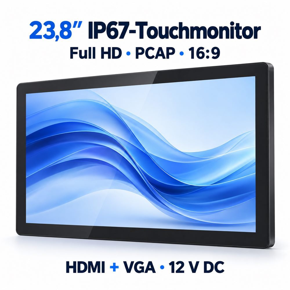 23,8 Zoll IP67 PCAP-Touchmonitor mit HDMI, VGA und 12-V-DC-Anschluss