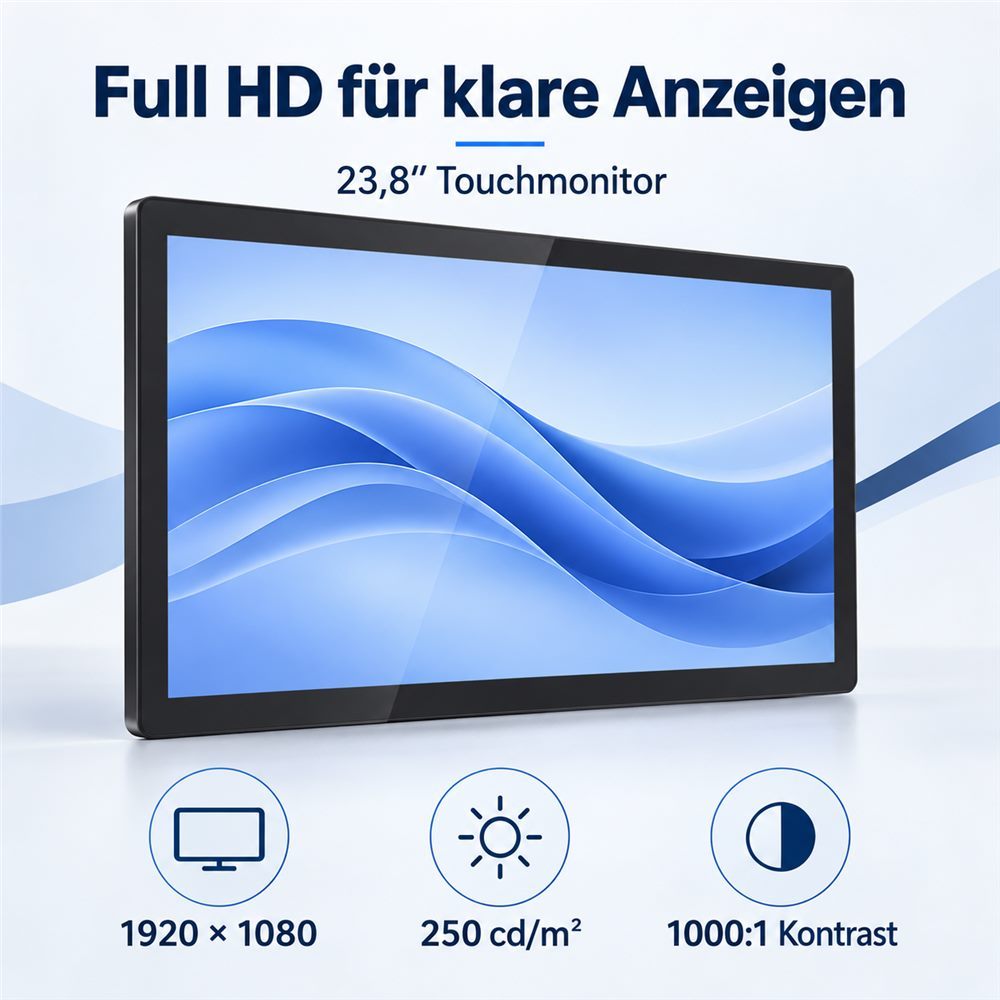 23,8 Zoll Full-HD-Touchmonitor mit 1920 × 1080 Pixeln, 250 cd/m² und 1000:1 Kontrast