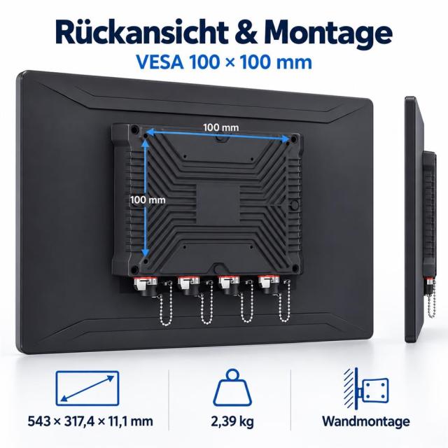 Rückansicht des 23,8 Zoll Touchmonitors mit VESA 100 × 100 mm und geschützten Anschlüssen