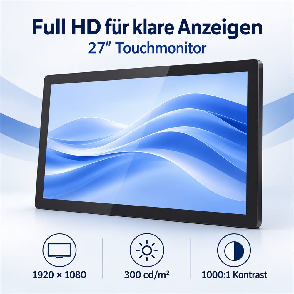 27 Zoll Full-HD-Touchmonitor mit 300 cd/m² und 1000:1 Kontrast