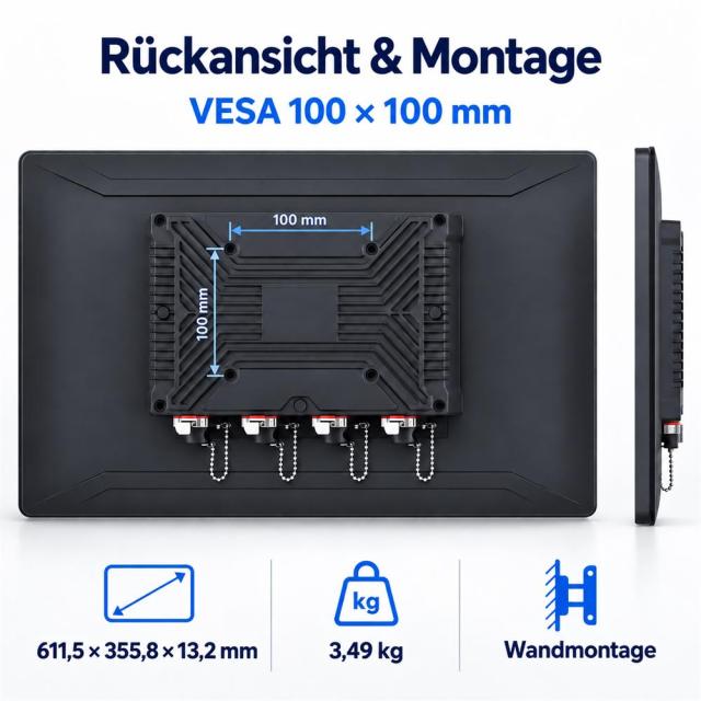 Rückansicht des 27 Zoll Touchmonitors mit VESA 100 × 100 mm