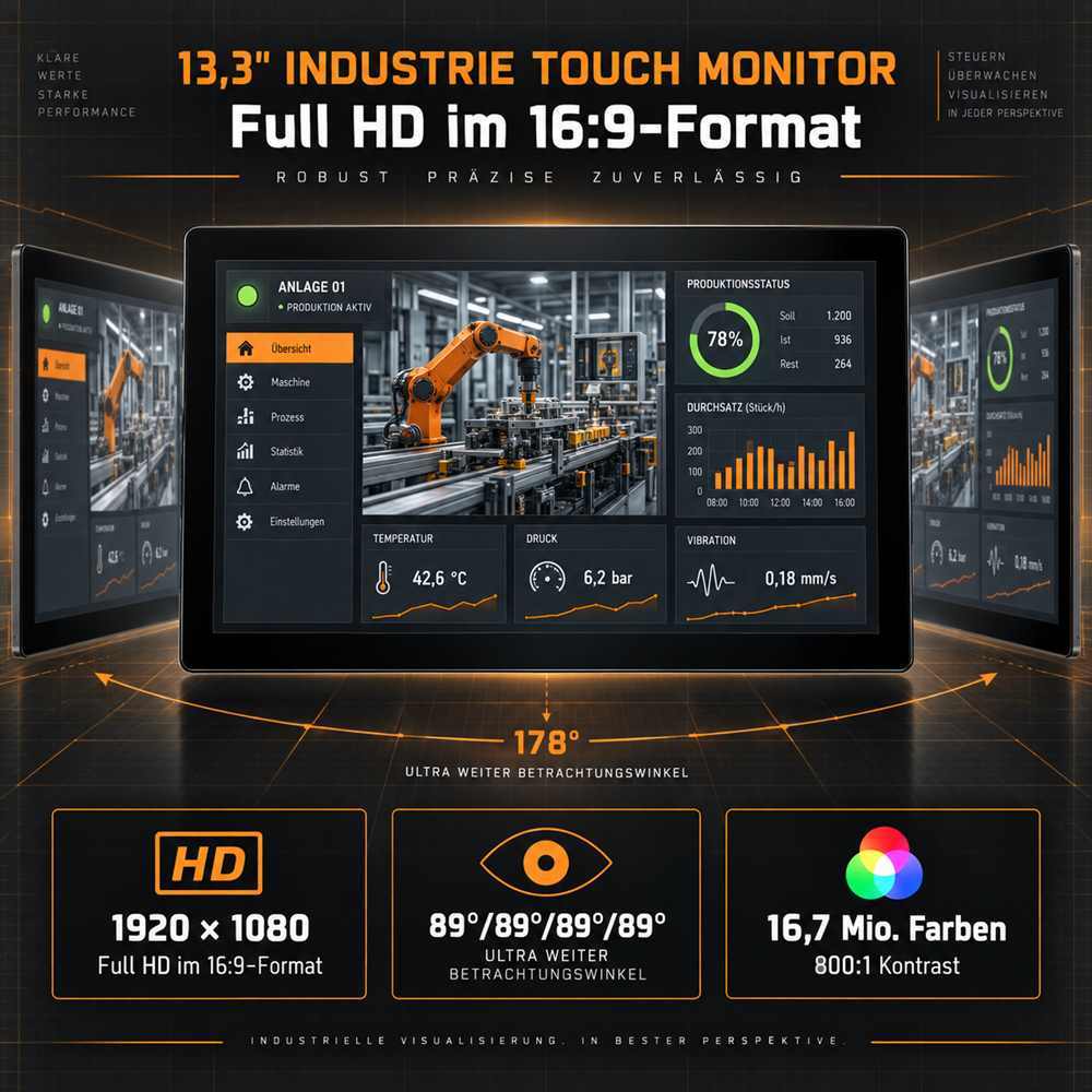 Rückseite des 13,3 Zoll Einbau-Touchmonitors mit VESA, HDMI, VGA und LVDS