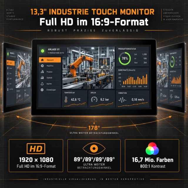 Rückseite des 13,3 Zoll Einbau-Touchmonitors mit VESA, HDMI, VGA und LVDS
