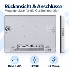 Rückansicht des 15 Zoll Touchmonitors mit Metallgehäuse und Anschlüssen