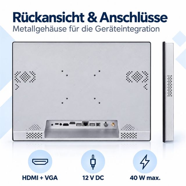 Rückansicht des 15 Zoll Touchmonitors mit Metallgehäuse und Anschlüssen