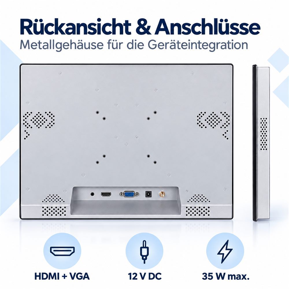 Rückansicht des 17 Zoll Touchmonitors mit HDMI, VGA und 12 V DC