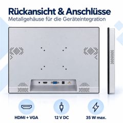 Rückansicht des 17 Zoll Touchmonitors mit HDMI, VGA und 12 V DC