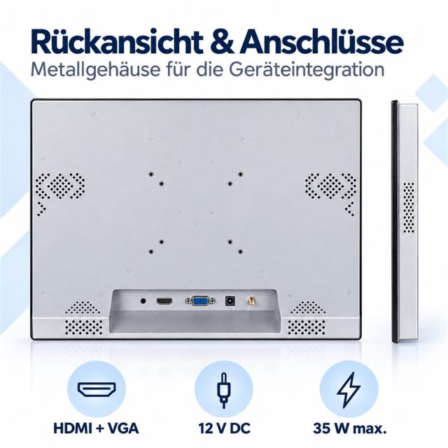Rückansicht des 17 Zoll Touchmonitors mit HDMI, VGA und 12 V DC