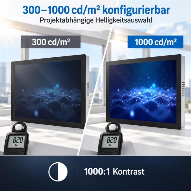 18,5 Zoll Touchmonitor mit konfigurierbarer Helligkeit von 300 bis 1000 cd/m²