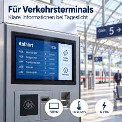 18,5 Zoll High-Brightness Touchmonitor in einem geschützten Verkehrsterminal