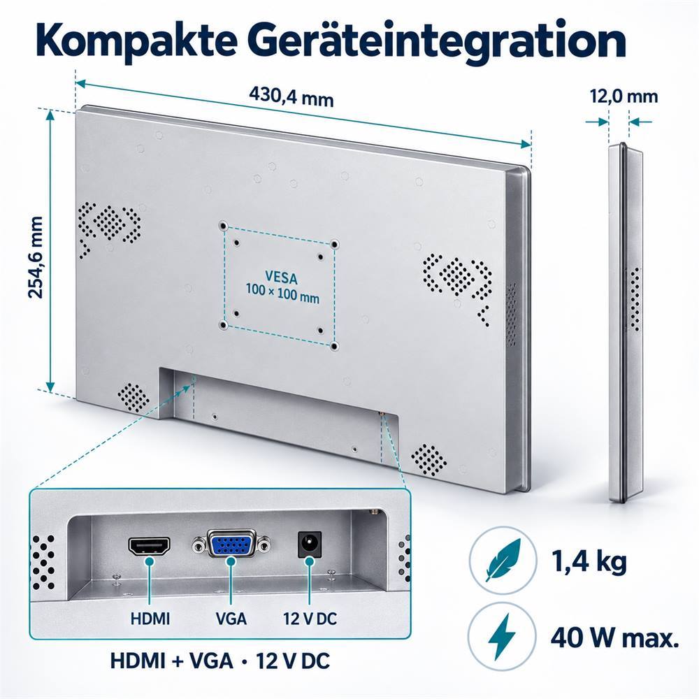 Rückansicht des 18,5 Zoll Touchmonitors mit VESA 100 × 100 mm, HDMI und VGA