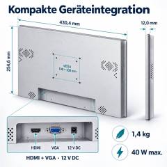 Rückansicht des 18,5 Zoll Touchmonitors mit VESA 100 × 100 mm, HDMI und VGA