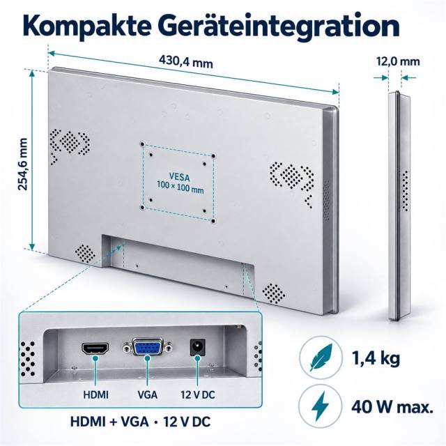 Rückansicht des 18,5 Zoll Touchmonitors mit VESA 100 × 100 mm, HDMI und VGA