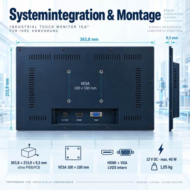 15,6 Zoll Touchmonitor mit VESA, HDMI, VGA und LVDS